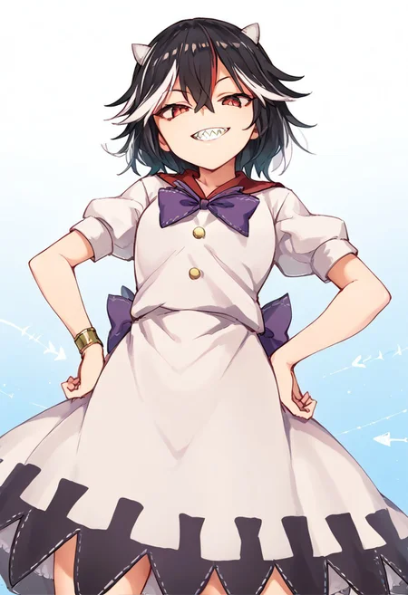 score_9, score_8_up, score_7_up, source_anime, perfect face, (illustration), intricately detailed illustration, Exquisite color design, (best quality, ultra detailed), smooth skin, high details, (1girls), beauty, kijin_seija, short hair, multicolored hair, (black hair), streaked hair, red hair, white hair, hair flaps, hair between eyes, red eyes, horns, small horns, grey horns, cone horns, white horns, white collared shirt, sailor collar, bracelet, arrow print, arrow \(symbol\), purple bowtie, puffy short sleeves, white dress, purple bow, white skirt, layered skirt, underskirt, red eyes, facing viewer, narrowed eyes, looking at viewer, grin, sharp teeth, front view, low angle, day, hands on hips,