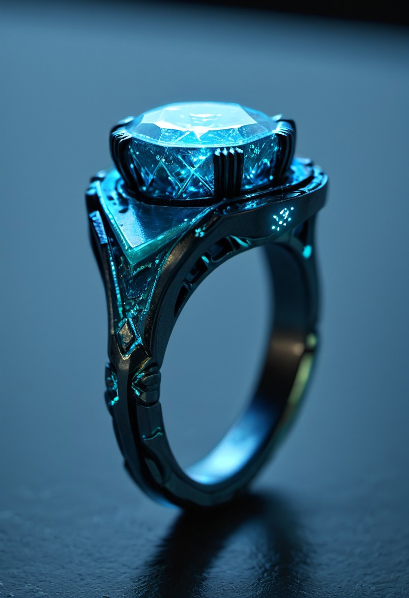 bioluminescent diamond ring, blue glowing metal, reflective,