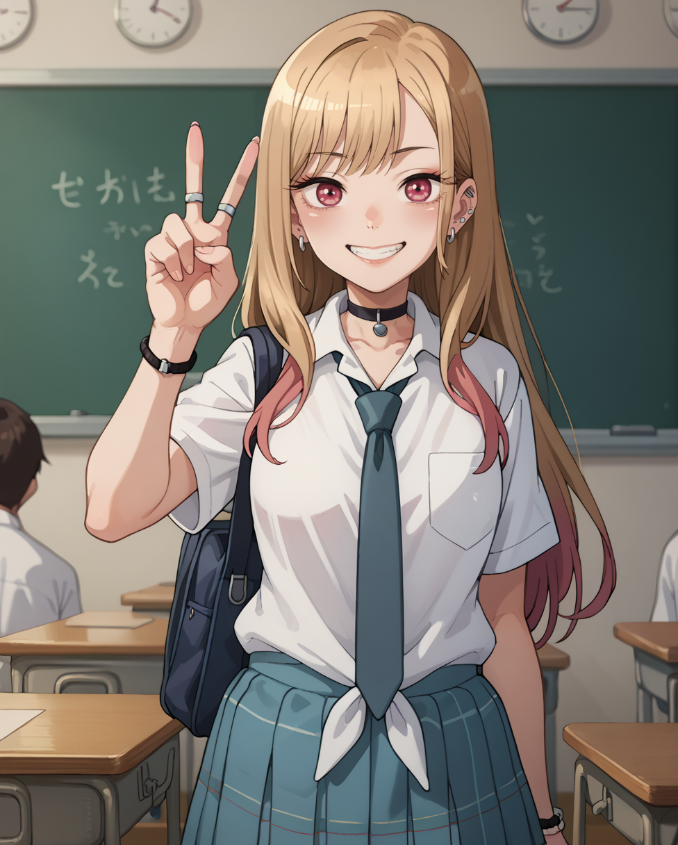 score_9, score_8_up, score_7_up, source anime,  positive: score_9, score_8_up, source_anime, uncensored, 
(shiny skin),
1girl, solo,
mature,bangs,choker,shirt,piercing,ear piercing,earrings,multicolored hair,breasts,necktie,school uniform,skirt,indoors,classroom,smiling,teeth,peace sign,  <lora:Marin_Kitagawa_-_My_Dress-Up_Darling:1>