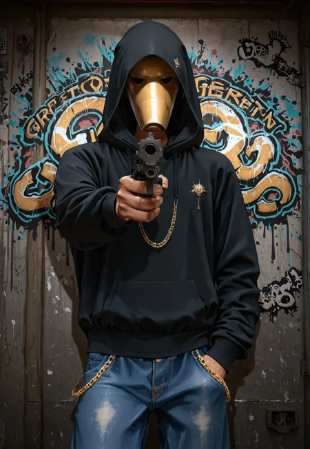 Masterpiece, absurdres, highest quality, highly detailed, newest, 8k, semi-realistic, 1boy, solo, b1bd, cl4nker, hoodie, hood up, baggy jeans, gold chain, bling, gun in one hand, gunatyou, aiming gun at viewer, deagle, urban gheto setting, graffiti, detailed background,