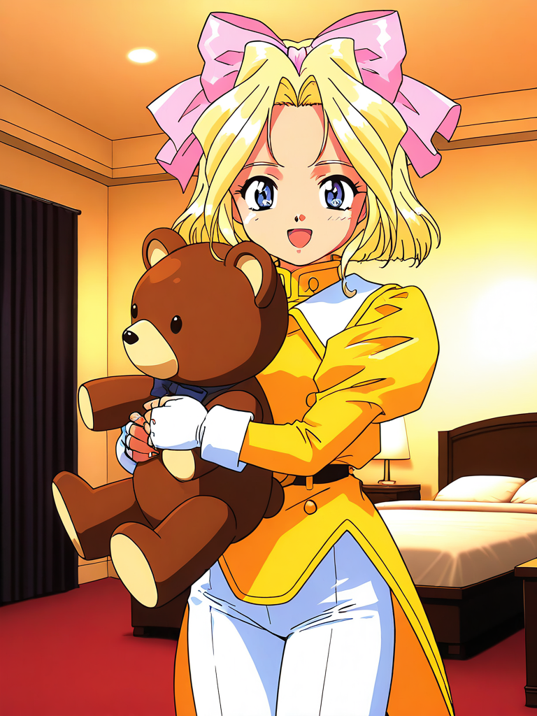 masterpiece, best quality, good quality, <lora:Iris_Chateaubriand_IS:1>  IrisChateaubriand, blonde hair, solo, pink bow, teddy bear, blue eyes, stuffed animal, stuffed toy, bow, fingerless gloves, gloves, under body, 1girl, 
short hair, hair bow, open mouth, 
smile, standing, pants, 1990s (style),  ribbon, 
Yellow coattails, looking at viewer, holding, Yellow uniform, tachi-e, white pants. long pants,
hotel room,
