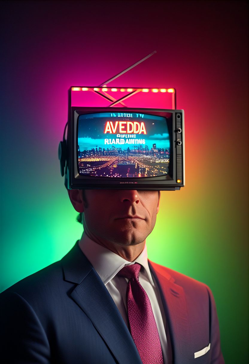 surreal essence of a  ((dzktxez)), Capture the charismatic presence of a business man as he enthusiastically promotes a product on a TV informercial. Emphasize the vibrant colors, dynamic lighting, and the captivating expressions of both the business man and the audience. Inspired by the works of (Richard Avedon:1.4) and (David LaChapelle:1.3), ultra HD, realistic 8K raw photography, prismatic sci fi inspired DSLR photography,  HDR, UHD, 64K, natural lighting, volumetric lighting, bokeh,  extremely detailed, , 128k, ((tv head)), world morph, anthro tv, cinematic lighting, best quality, official photography, masterpiece