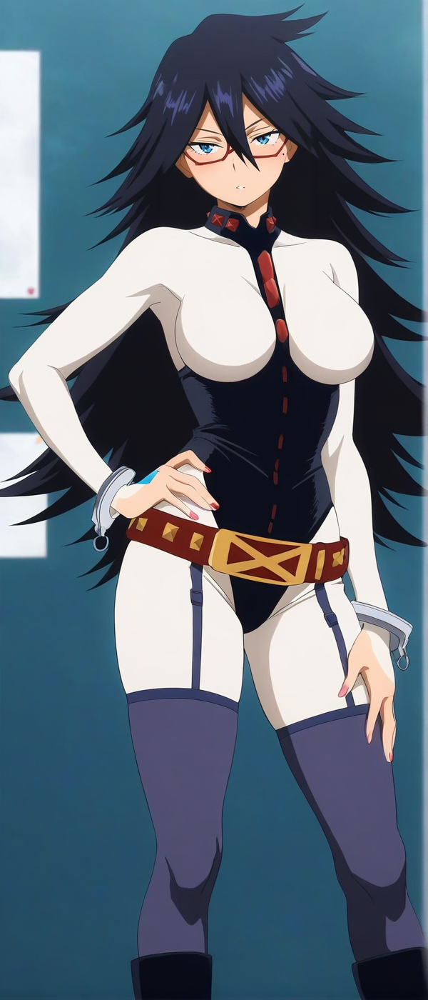 <lora:Midnight_-_My_Hero_Academia_-_waiNSFW:1>, anime coloring score_9, score_8_up, score_7_up, source_anime, hires image, masterpiece, best quality, BREAK,  newest, masterpiece, best quality, 4k, 1girl, solo, long hair, blue eyes, mole under eye,  glasses bodysuit, leotard, handcuffs, belt, garter straps, thighhighs, boots, high heel boots,  seductive face, seductive pose