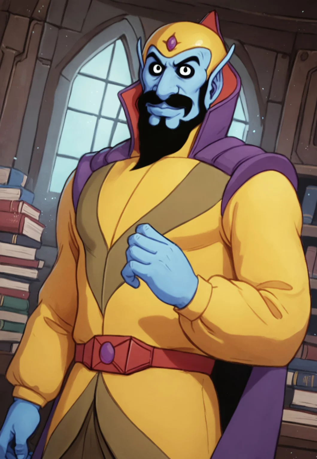 score_9, score_8_up, HexonHM, blue skin, pointy ears, black hair, black eyes, beard, mustache, yellow helmet, yellow jacket, purple cape, red belt, looking at viewer, smile, dynamic pose, detailed background, dutch angle, sci-fi, laboratory, potions, books, window, portrait,