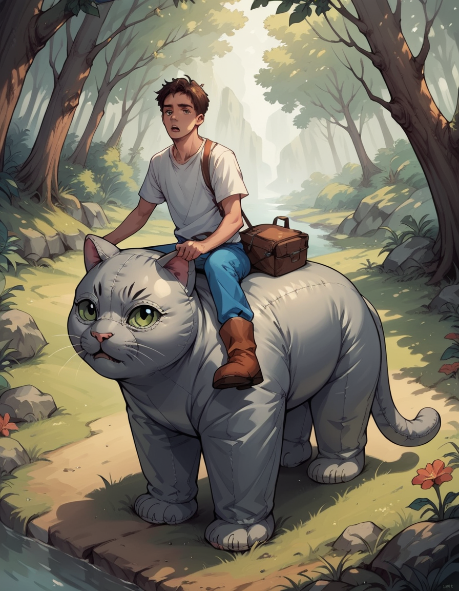 score_9, score_8_up, score_7_up, score_6_up, score_5_up, score_4_up, source_anime, best quality,  hud_inf_eleph, 1boy, shirt, <lora:hud_inf_eleph_XLP:0.7>, riding inflatable cat
