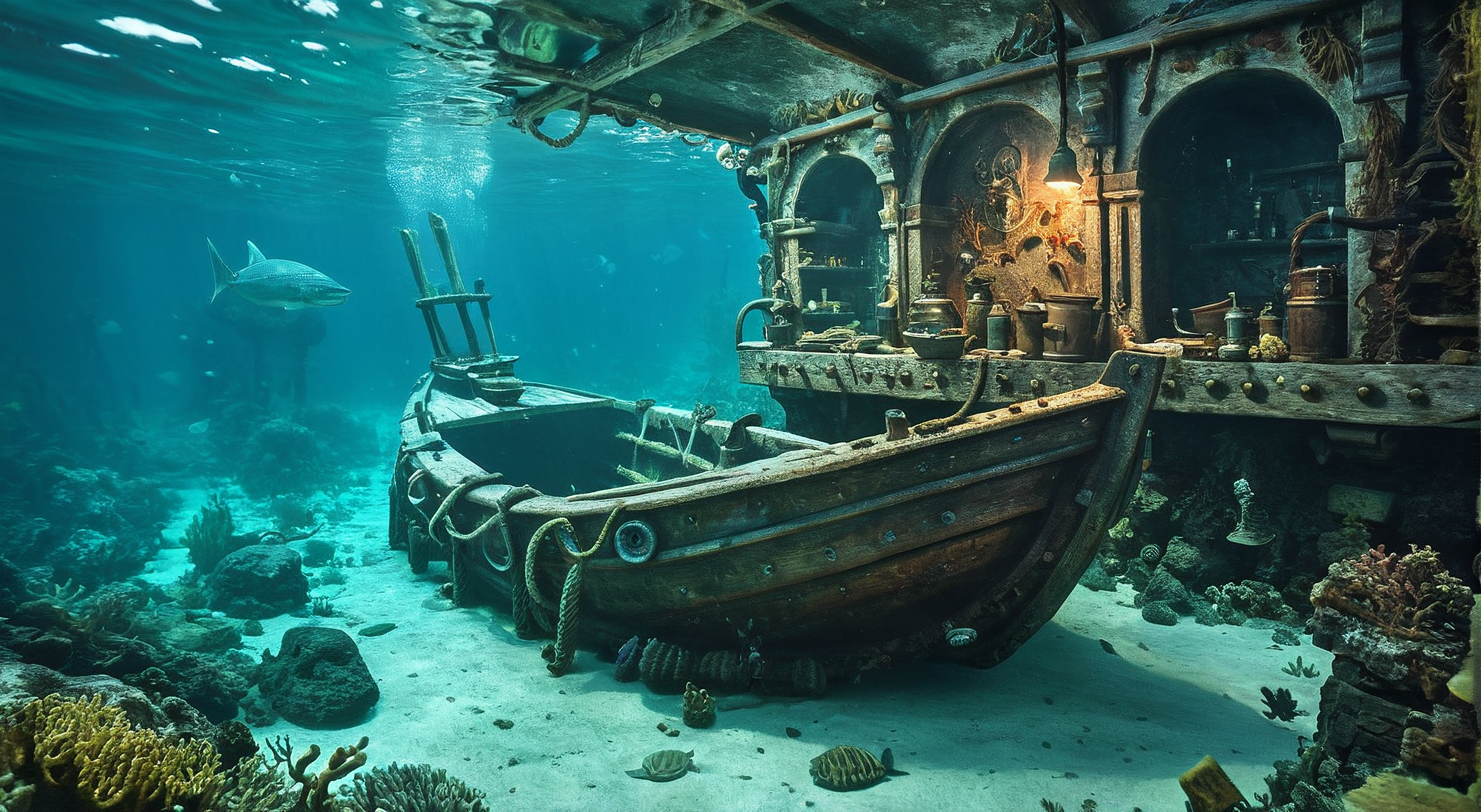 landscape, fantasy, underwater, magical, sink boat, photography, stvmccrr, style, rpgartworkstyle, fantasy, rpg, rpgartworkstyle, artwork, detailed,,,,,  <lora:MJ52:.3> <lora:CinematicStyle_v1:.45> <lora:stvmccrr:.6> <lora:RpgArtworkStyle_v1:0.9> <lora:add-detail-xl:1>