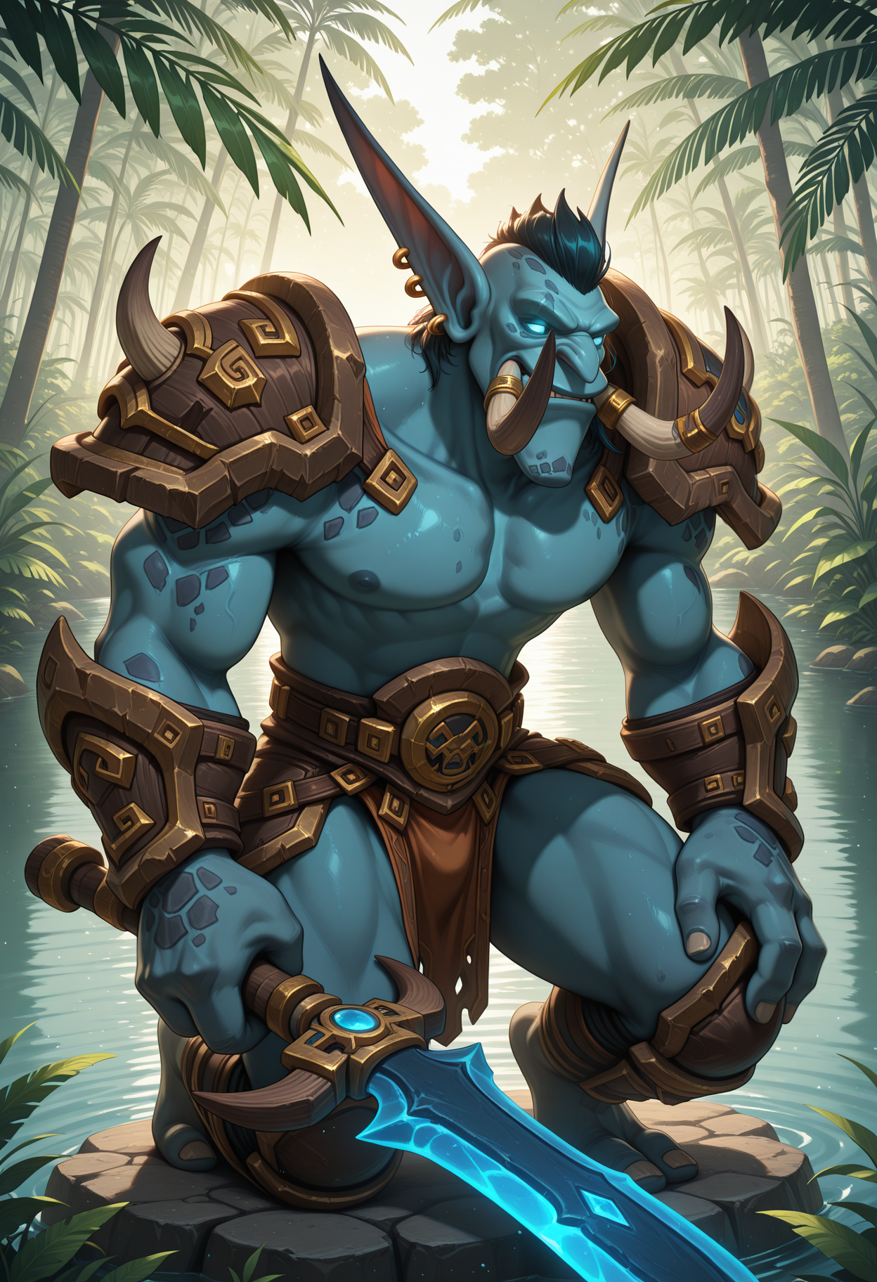 solo, male focus, manly, 1boy, zandalari, 3 fingers, short hair, troll, tusks, pointy ears, earrings, blue skin, glowing eyes, warcraft, armor, bare chest, looking down, muscular, outside, jungle, lake, holding weapon, on knees, looking away,
perfect anatomy, masterpiece, perfect quality, best quality, detailed, newest, very aesthetic
<lora:Illustrious\ZandalariTroll_WoW_V1_ILXL:0.8>
<lora:Illustrious\Details\illustriousXL_stabilizer_v1:0.5>
