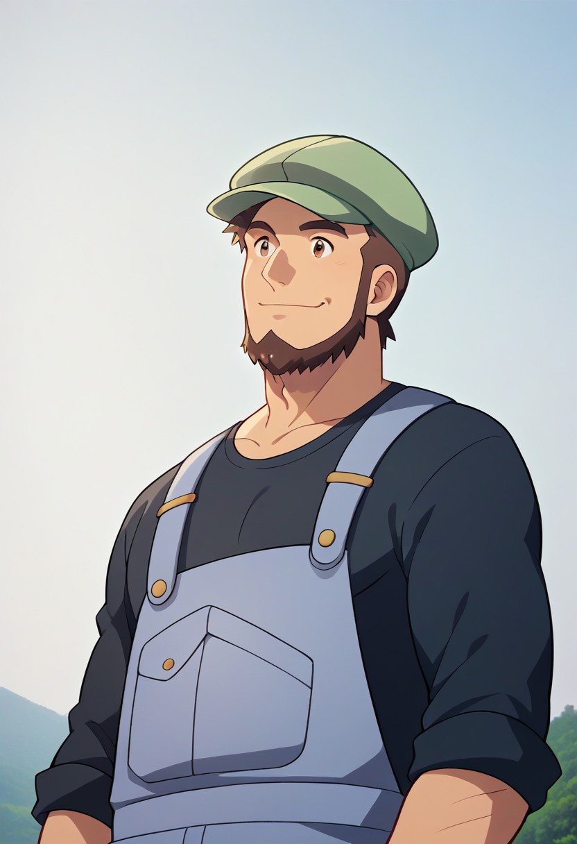 score_9, score_8_up, score_7_up, score_6_up, perfect anatomy, perfect proportions, best quality, masterpiece, high_resolution, high quality, aesthetic, absurdres, (male focus), solo male, Meyer, brown hair, short hair, brown eyes, facial hair, chinstrap beard, blue overalls, black undershirt, sleeves rolled up, cabbie hat, green hat, adult, mature, masculine, manly, handsome, charming, alluring, standing, slight smile, upper body, (view from below, dutch angle), cowboy shot, photo background, outdoor, sky