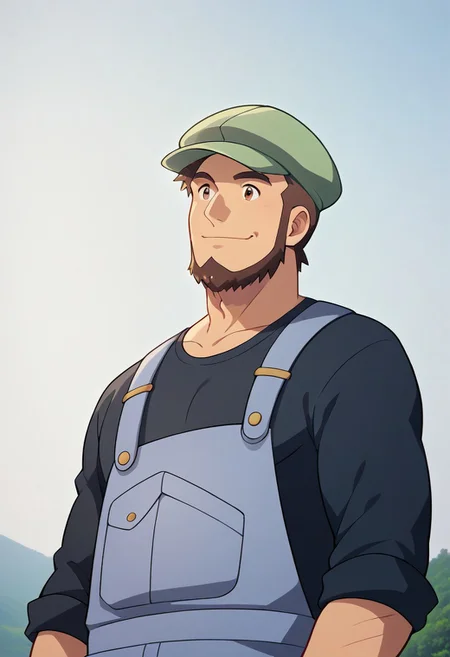 score_9, score_8_up, score_7_up, score_6_up, perfect anatomy, perfect proportions, best quality, masterpiece, high_resolution, high quality, aesthetic, absurdres, (male focus), solo male, Meyer, brown hair, short hair, brown eyes, facial hair, chinstrap beard, blue overalls, black undershirt, sleeves rolled up, cabbie hat, green hat, adult, mature, masculine, manly, handsome, charming, alluring, standing, slight smile, upper body, (view from below, dutch angle), cowboy shot, photo background, outdoor, sky