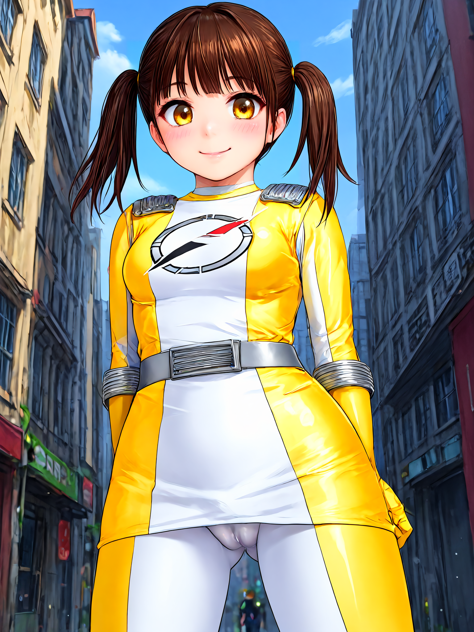 score_9, score_8_up, score_7_up, source_anime, BREAK,
1girl, solo, BREAK,
b0uk3ng3r, yellow bodysuit, yellow gloves, yellow skirt, miniskirt, shoulder pads, silver belt, no headwear, shiny clothes, spandex, <lora:Boukenger:1>, BREAK,
brown hair, choppy bangs, short hair, twintails, yellow eyes, medium breasts, BREAK,
standing, arms behind back, (embarrassed:1.2), smile, skirt lift, looking down, looking at viewer, (cameltoe:1.2), ass visible through thighs, BREAK,
outdoors, city, street, day, blue sky, from below