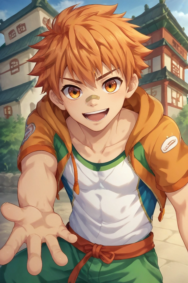 score_9, score_8_up, score_7_up, , rating_safe, , , looking at viewer, depth of field, 1boy, solo, male focus, <lora:jirou_camp_buddy_pony:1>, jirou_camp_buddy, orange hair, orange eyes, bandaid on nose, close-up, east asian architecture, dusk, pointing, happy, , <lora:sdxl_lightning_8step_lora:1>