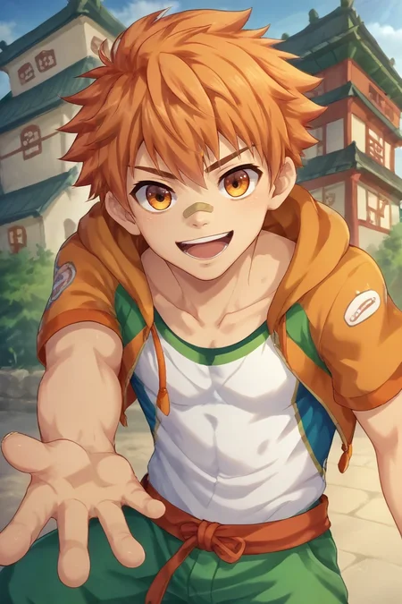 score_9, score_8_up, score_7_up, , rating_safe, , , looking at viewer, depth of field, 1boy, solo, male focus, <lora:jirou_camp_buddy_pony:1>, jirou_camp_buddy, orange hair, orange eyes, bandaid on nose, close-up, east asian architecture, dusk, pointing, happy, , <lora:sdxl_lightning_8step_lora:1>