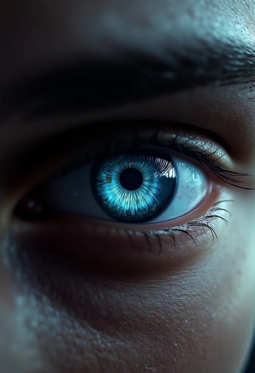 Create an image where the viewer is looking into a human eye. (Male) In the eye's reflection, blue cookie monste. The overall mood should be dark and dystopian, with a cold, metallic color palette and hints of destruction.