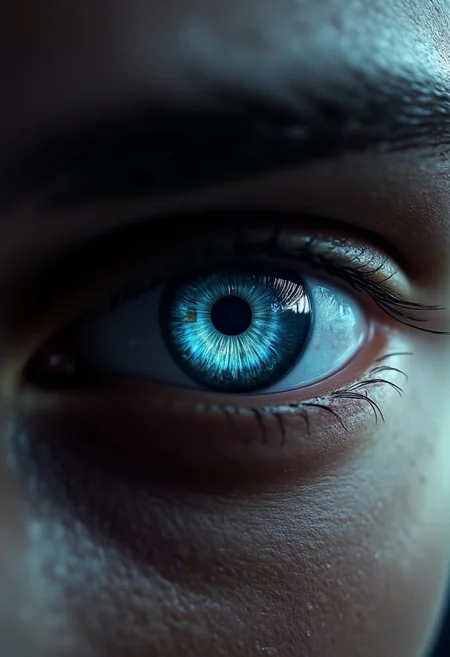 Create an image where the viewer is looking into a human eye. (Male) In the eye's reflection, blue cookie monste. The overall mood should be dark and dystopian, with a cold, metallic color palette and hints of destruction.