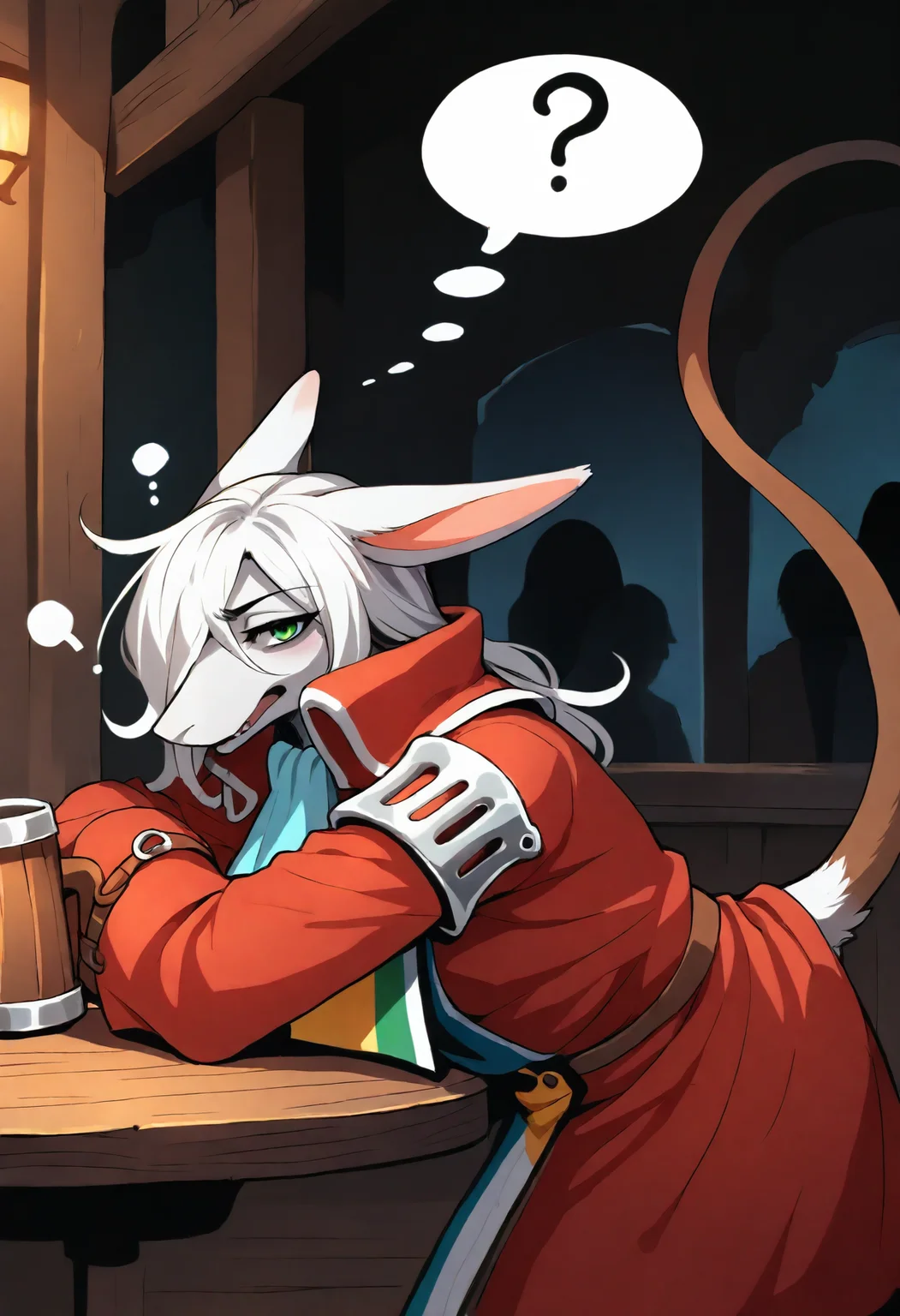 freyac, white fur, white hair, green eyes, brown tail, ascot, holding tankard, red dragoon coat, dragoon tabard, mouth open, bored, looking at viewer, speech bubble, facing side, flat color, solo, 1girl, ?, drunk, drunk_bubble, from side, annoyed, hesitant, eyes half closed, ears back, hunched forward, leaning forward, upper body focus, ears,
BREAK, tavern background, tavern, bar, pub, leaning on table, detailed background, dark background, crowd,
, <lora:Freya11b s97:1>