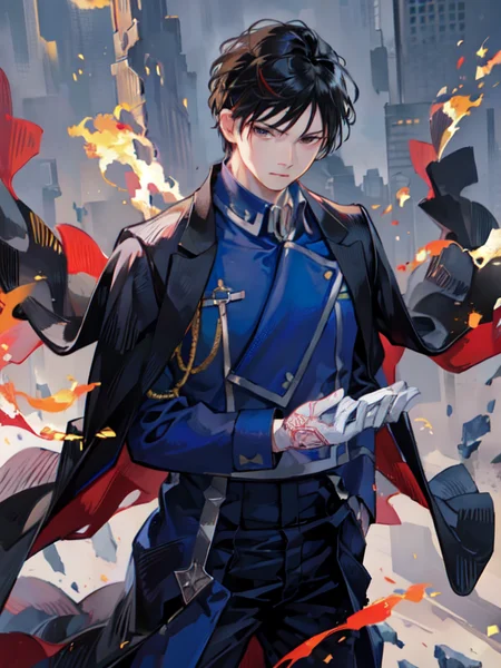 <lora:mustang:1>, 1boy, male focus, black hair, gloves, uniform, military, black eyes, military uniform, solo, white gloves, fire, coat, outstretched arm, pants, standing, sparks, closed mouth, blue jacket, serious, magic, long sleeves, lack coat, jacket,
detailed fingers, extremely detailed eyes and face, beautiful detailed nose, beautiful detailed eyes,
mixes realistic and fantastical elements, vibrant manga, glassy translucence, vibrant illustrations, perfect(face ,eyes ,nose), 
(RAW photo, best quality), (realistic, photo-realistic:1.5), extremely detailed, CG, unity , 8k wallpaper, Amazing, finely detail, (masterpiece:1.5, best quality), realistic, (real picture, intricate details, depth of field), dynamic posture,