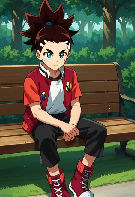 score_9, score_8_up, score_7_up, score_6_up, highly detailed,Good Colors, Glowing Skin, Good Shading, Good Eyes, Contrast Shading, 1boy,handsome boy, male focus, solo, slim, skinny, slim body, young man, correct anatomy, alone, no muscles, Aiger, 1boy, male_focus, brown hair, ponytail, blue eyes, face mark, red jacket, white shirt, black pants, red shoes, white band-aid, sitting on bench, park