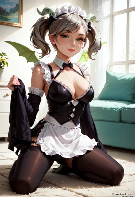 <score_9, score_8_up, score_7_up, masterpiece, best quality, best resolution>,
<1girl:1.3 ,solo:1.3, ygoarianna>,<source_cartoon, white lighting ,colorful,rating_explicit>,<Sexy, perfect sexy body, fuck meat body,perfect round breasts>,< green eyes, green wings, green tail, green horns, green/black thighhighs, detached sleeves, maid, pantyhose, twintails>,<Expressiveh, seductive eyes, seductive smile, sexy, (slut pose:1.3), arched back>,<Art Deco, living room, silver walls, white floor, castel decorative background>,<lora:add-detail-xl:1.0>, full body visible