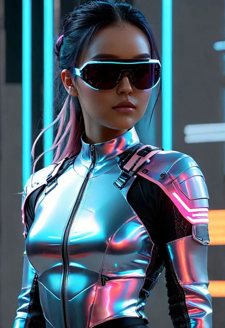 score_9, score_8_up, score_7_up, raw,32K, UHDR, (ultra-quality:1.6),1girl, in Cyberpunk style, revealing and exposing clothes, cinematic, wearing lit fiber optics, oxigen-support-gadgets, strong parallel lines and nodes, extremely detailed cute face,
Tech-infused, advanced materials bound technology and design. stimuli reactive to color-changing , psicho texture-shifting. ,integrate neon lights for visual flair. sleek, angular shapes with sharp lines, including bodysuits and structured jackets. High-tech accessories are integral futuristic AR glasses, neural interfaces and cybernetic jewelry. cargo pants, utility belts, and harnesses for gadgets. Bold colors dominate, with vibrant neons and electric obsidian:0.9 or pink:0.6 contrasting against deep agate:0.9 or pure-snow-white:0.9. Dystopian influences inspire distressed fabrics, industrial hardware, and asymmetrical designs, reflecting the chaotic cyberpunk ethos. glowing boots
