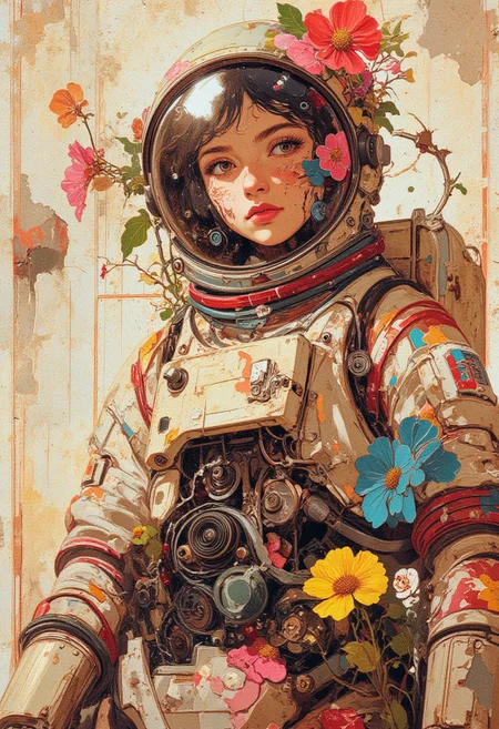 A surreal woman astronaut in a decayed spacesuit, biomechanical and overgrown with colorful flowers. Soft pastel tones with warm highlights. Retro-futuristic design with a mix of organic and artificial components. Highly detailed, artistic and surreal style