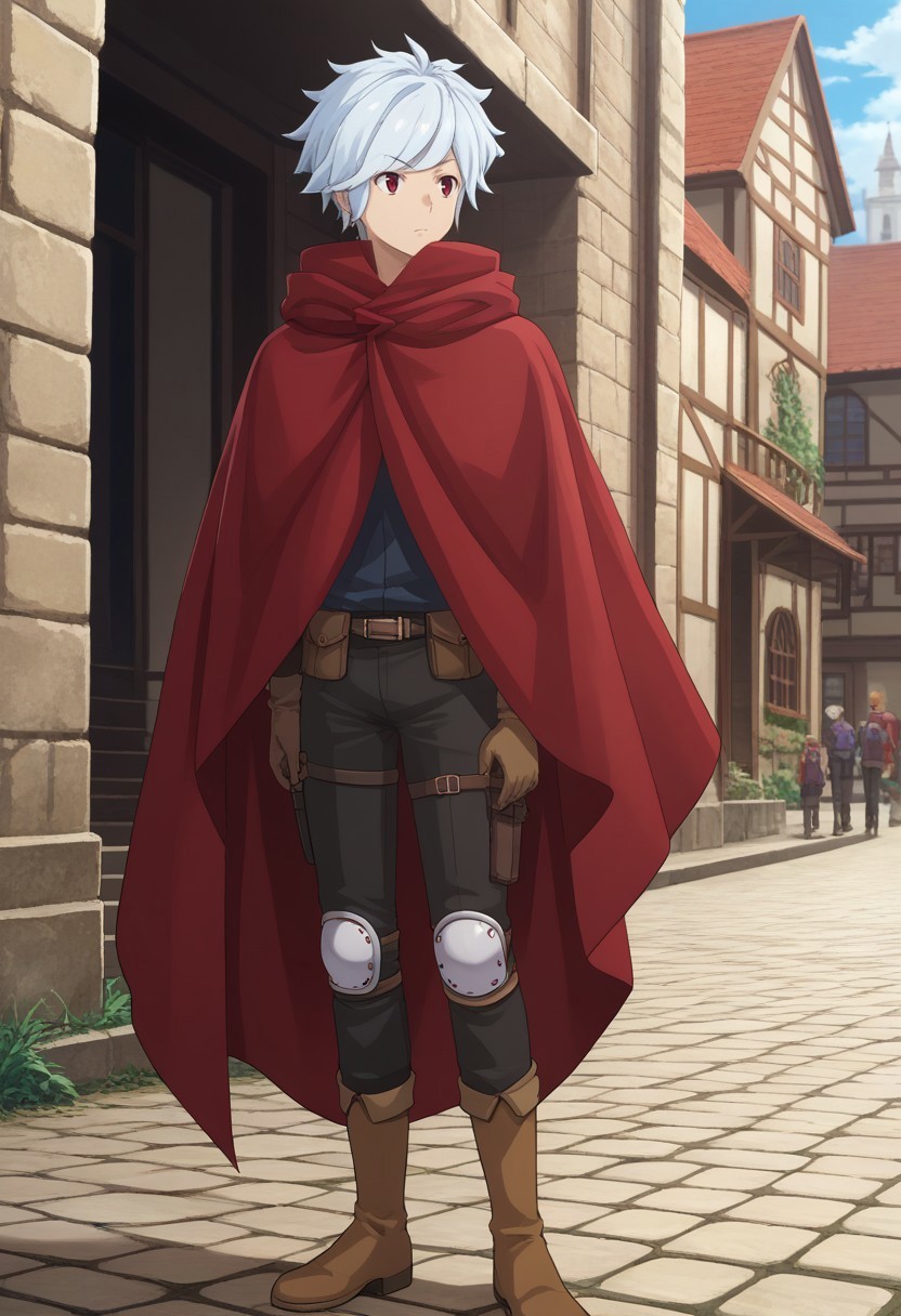 score_9, score_7_up, source_anime 

belcranel, 1boy, male focus, solo, white hair, red eyes, cloak, red cloak, pants, black pants, pouch, holster, knee pads, gloves, brown gloves, boots, brown footwear,

outdoor, village, 