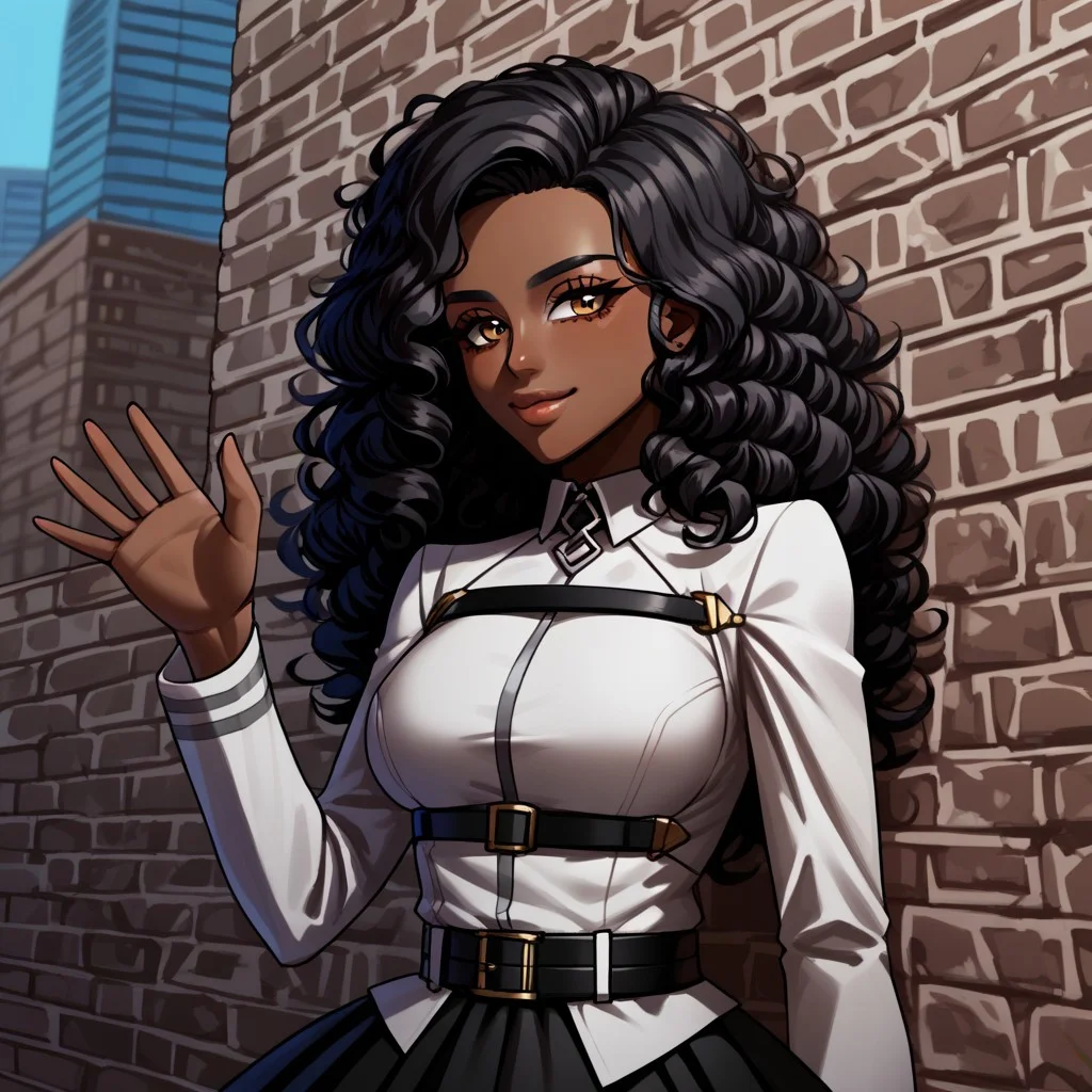 score_9,score_8_up,score_7_up,<lora:anime impasto_pony:1>,1girl, solo, gold_eyes, arms_crossed, looking_at_viewer, black hair, closed_mouth, medium breasts, very_long_hair, ChaldeaUniformFemaleUniform, chaldea uniform, belt, black skirt, black pantyhose, {{{african}}}, outdoors, city, leaning back against wall, waving, smiling, very_dark_skin, wavy_hair, curly_hair, full lips, lip gloss