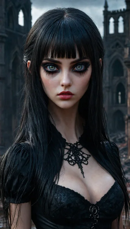 (photorealistic:1.5), raw photo
photorealistic image of a gothic woman, doll like face, (grey eyes, long bangs, medium hair, thick eyebrows, large breasts, narrow waist, ) in a alluring black dress posing seductively through a dark, fiery post-apocalypse landscape, gothic architecture, detailed reflections on the wet ground, intense colors, cinematic lighting, 8k resolution, highly detailed, realistic textures, dynamic composition, sharp focus, vivid and intricate background