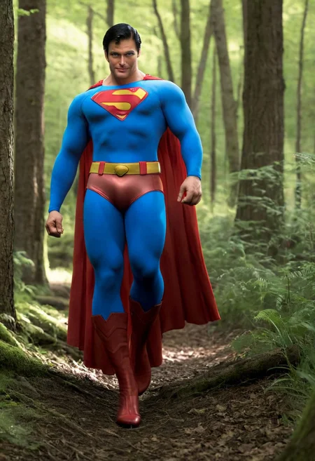 photography, hyperrealistic photograph of Superman walking through woods, black hair, blue eyes, handsome face, smile, closed_mouth, closed mouth smile, looking at the viewer, solo, hyperrealistic, hyper-realistic, photo taken with a telephoto lens( 200mm), award-winning cinematography, highly detailed, extremely high-resolution details, photographic, realism pushed to extreme, fine texture, incredibly lifelike, very awa,masterpiece,best quality,year 2024,newest,highres,absurdres,realistic,photorealistic,photo,DSLR