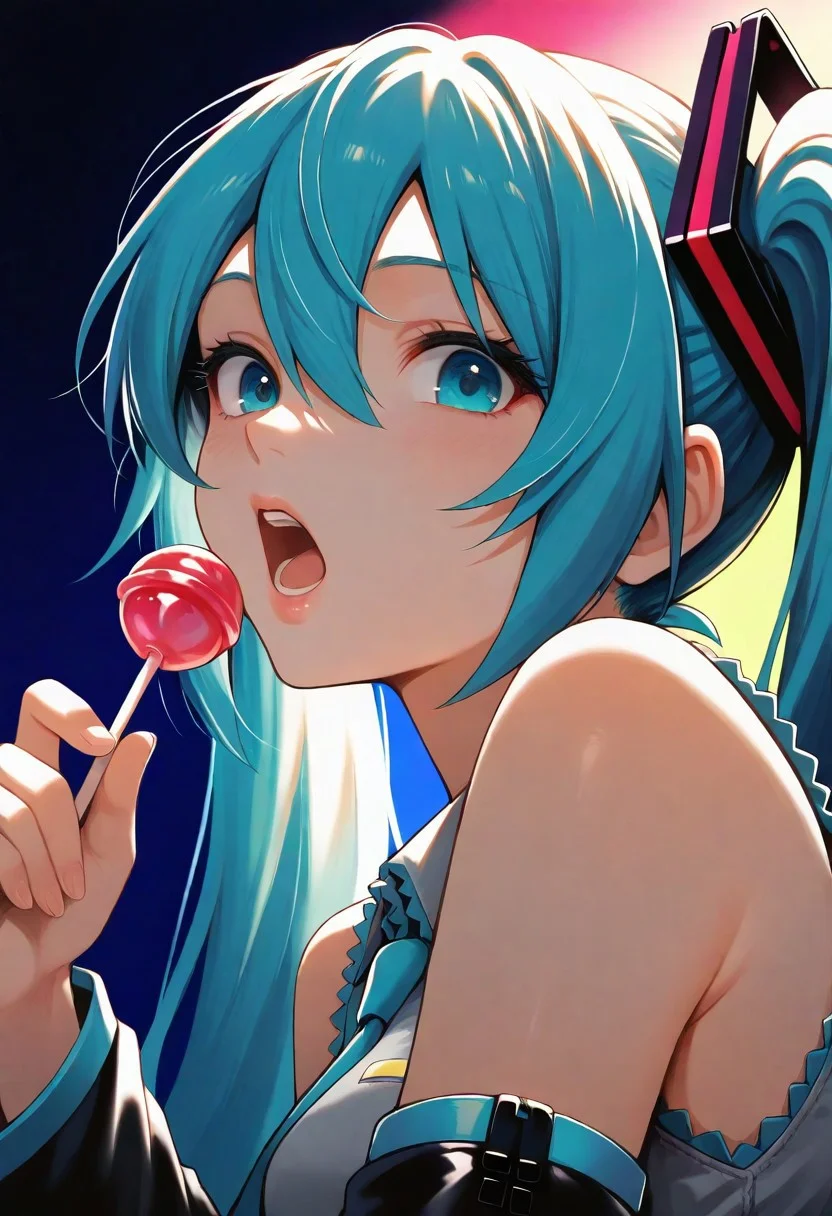 1girl, hatsune_miku, teeth, lips, thin lips, solo, looking at viewer, open mouth, holding lollipop, chupa chups, upper body, from below, back lighting, dark, multicolored background, masterpiece, best quality, very aesthetic