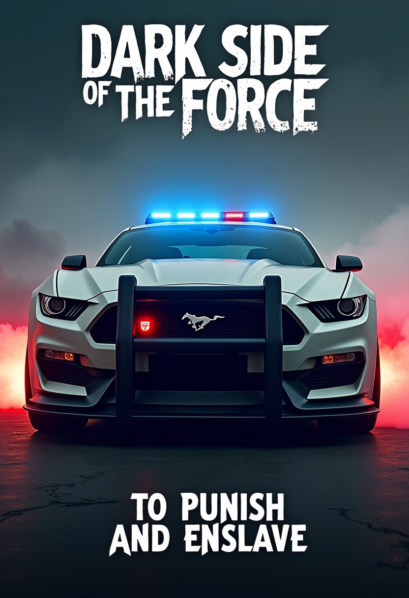Movie poster, large text at top 'Dark Side of the Force'
(Transformers Barricade, (futuristic, mustang police car, aggressive look, sharp lines, brush guard, smoking tires))
smaller text at bottom 'To Punish and Enslave'
8k detailed, cinematic, dramatic lighting
