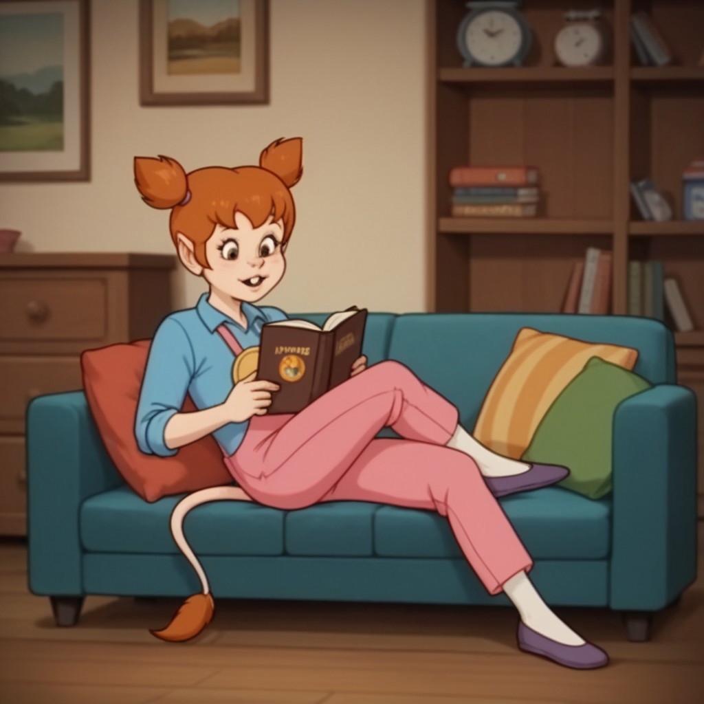 score_9, score_8_up, score_7_up, score_6_up, score_5_up, score_4_up, source_furry,  lucytl, female, red hair, mouse tail, tail tuft, buck teeth, mouse ears, short twintails, living room, pink overalls, blue shirt, shoes, socks, sitting, on couch, reading book