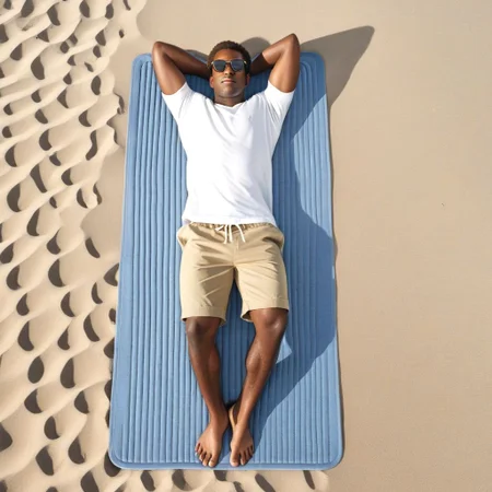 best quality, high res,, top_down, (full_body:1.4), 1boy, d_long,, a black man, short brown hair, sunglasses, beach shorts, lying, on back, on a (rectangular mat:1.3), relaxed,, beach, outdoors, sunshine, realistic