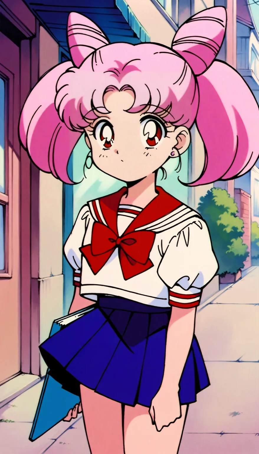 masterpiece,best quality,very aesthetic,absurdres,Sailor Chibimoon XL,1girl,solo,hair bun,sailor collar,school uniform,retro artstyle,skirt,twintails,pink hair,red eyes,1990s \(style\),cone hair bun,solo,double bun,serafuku,red sailor collar,holding,short sleeves,stud earrings,blue skirt,earrings,bangs,pleated skirt,bow,white shirt,shirt,jewelry,closed mouth,puffy sleeves,<lora:Sailor Chibimoon XL:0.8>,street,