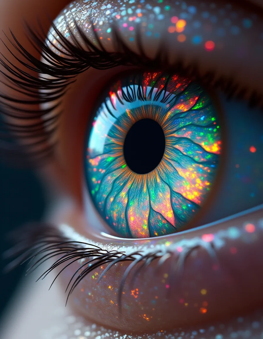 A hyper-detailed close-up of a female eye, her iris a mesmerizing kaleidoscope of ral-opal fractals glowing with vibrant hues of turquoise, magenta, and fiery gold. The intricate opal patterns inside the iris appear alive, spiraling outward in infinite, shifting fractal designs that radiate soft, glowing light. Tiny opal shards seem to float within the iris, refracting rainbow colors like microscopic prisms. The pupil is a perfect black void, edged with a shimmering ring of opal light that pulses gently, as though connected to the infinite energy within.The surrounding sclera has faint veins that glow softly in neon pink and blue, complementing the opal patterns inside the iris. Reflected in the glossy surface of the eye is a surreal, abstract worldâa swirling vortex of glowing opal clouds and fractal geometry that stretches endlessly into the distance. The eyelids, captured in soft focus, are dusted with iridescent opal makeup, their textures glowing faintly as they echo the vibrant colors of the iris. The entire scene feels alive, a fusion of surreal beauty and cosmic energy, with the eye locking onto the viewer as if it sees into another dimension, pulling them into its infinite opal dreamscape.
<lora:ral-opal-flux_000004000:1>