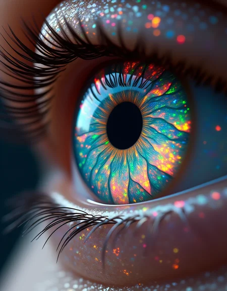 A hyper-detailed close-up of a female eye, her iris a mesmerizing kaleidoscope of ral-opal fractals glowing with vibrant hues of turquoise, magenta, and fiery gold. The intricate opal patterns inside the iris appear alive, spiraling outward in infinite, shifting fractal designs that radiate soft, glowing light. Tiny opal shards seem to float within the iris, refracting rainbow colors like microscopic prisms. The pupil is a perfect black void, edged with a shimmering ring of opal light that pulses gently, as though connected to the infinite energy within.The surrounding sclera has faint veins that glow softly in neon pink and blue, complementing the opal patterns inside the iris. Reflected in the glossy surface of the eye is a surreal, abstract worldâa swirling vortex of glowing opal clouds and fractal geometry that stretches endlessly into the distance. The eyelids, captured in soft focus, are dusted with iridescent opal makeup, their textures glowing faintly as they echo the vibrant colors of the iris. The entire scene feels alive, a fusion of surreal beauty and cosmic energy, with the eye locking onto the viewer as if it sees into another dimension, pulling them into its infinite opal dreamscape.
<lora:ral-opal-flux_000004000:1>
