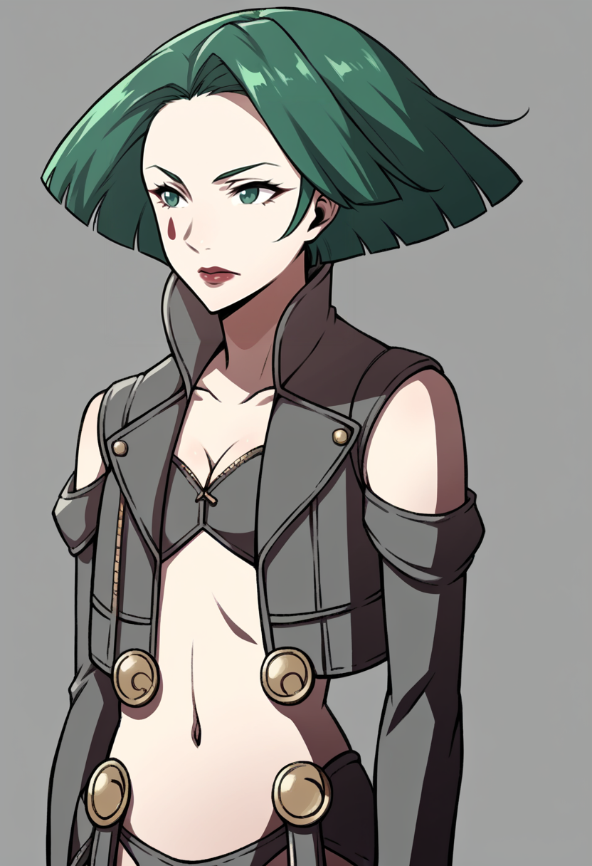 score_9, score_8_up, score_7_up, source_anime BREAK 1girl, solo,
<lora:zs_AwakeningPortraitsXL:1> awakeningportraits, portraits, white background
 <lora:zs_JinanaXL:1> jinanadds, green hair, green eyes, short hair, hair over one eye, facial mark, lipstick, cropped jacket, underwear, cleavage, navel, elbow gloves, thigh boots,