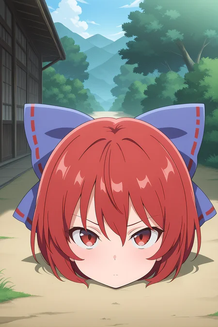 absurdres, highres, masterpiece, best quality, amazing quality, official anime artwork, screencap, anime screencap, outdoors, looking at viewer, on the ground, 
 <lora:Sekibanki_Illustrious:1> sekibanki, 1girl, solo, red eyes, red hair, short hair,, hair bow, blue bow, disembodied head, no body,