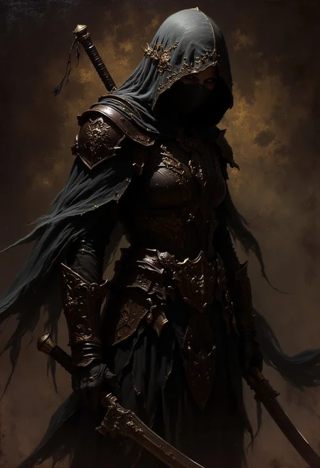 detailed renaissance oil painting, masterpiece, FredFraiStyle, female japanese ninja assassin, hood, chiascuro, silhoutetted, weapons, directional lighting, masterpiece, perfect composition, perfect hands, cowboy shot
