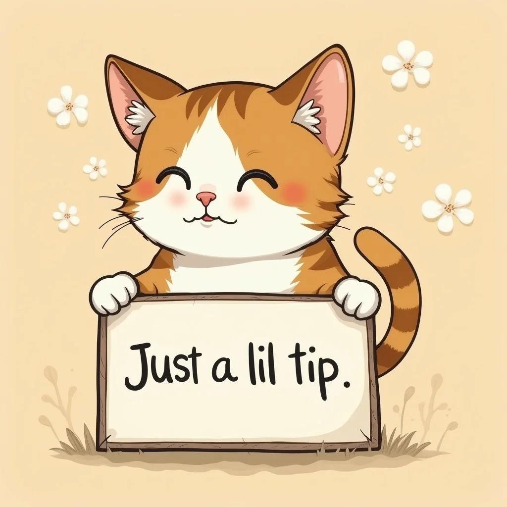 A little cat holding a sign that says "Just a lil tip" style of Audrey Kawasaki