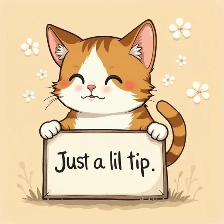 A little cat holding a sign that says "Just a lil tip" style of Audrey Kawasaki