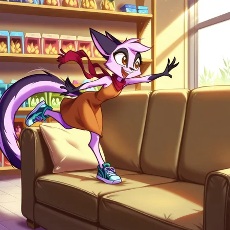 Dreamkeepers,1girl,Prelude_Vi,solo,furry,tail,source_furry,hazel eyes,
child, kid, 
Bouncing on a Couch in a Shop, couch, bouncing, shop, dress, sneakers, cushions, jumping, giggling, shelves, leaping on a display couch in a store, dress bouncing, sneakers thudding, scarf trailing as she giggles, sunlight hitting cushions and shelves around her