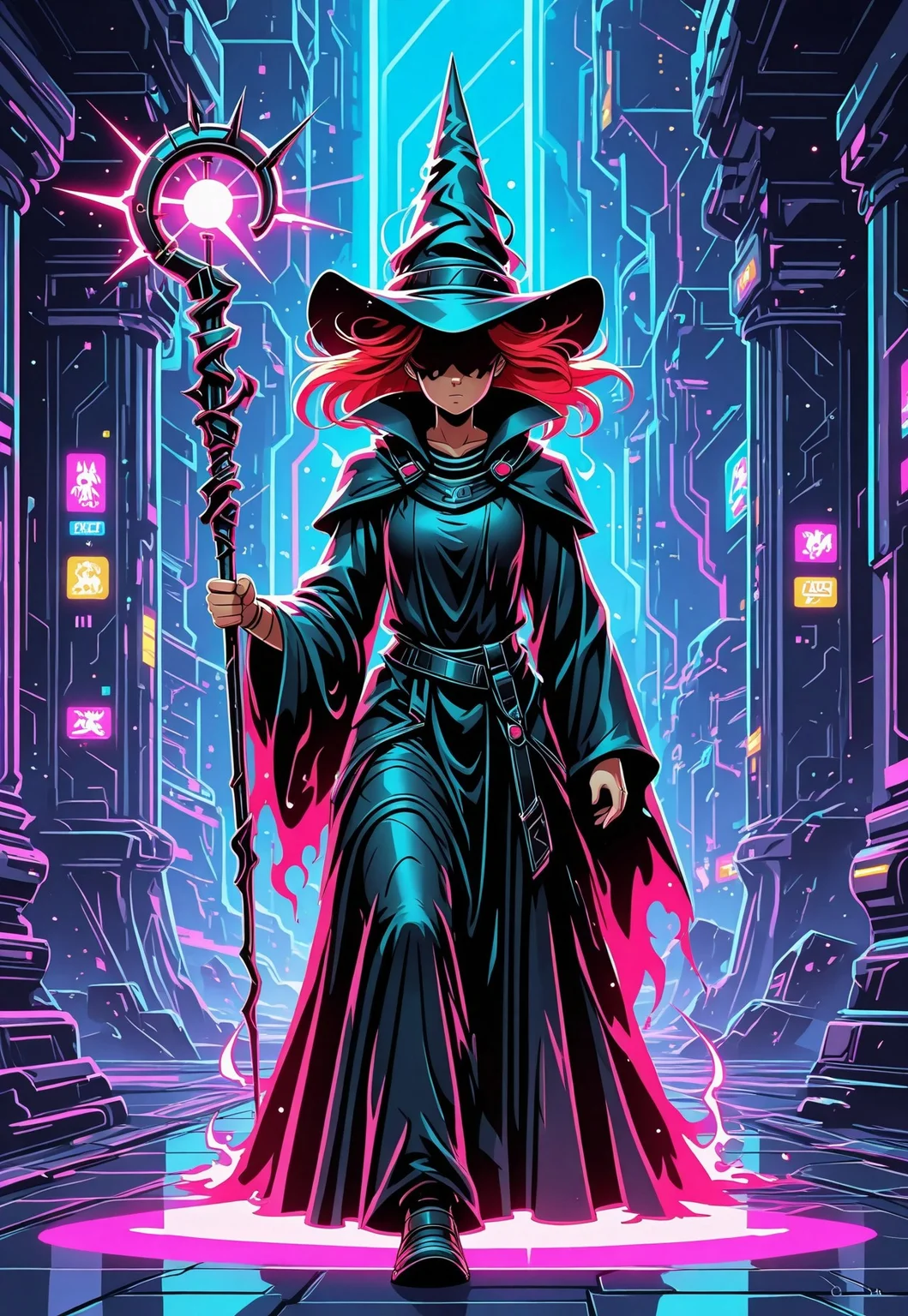 masterpiece, best quality, absurdres, wizard, face hidden, robe, holding staff, badass pose, action pose, battle stance, in arcade_style, highly detailed, neon colors, glowing outlines, stylized lighting, retro 80s palette, vibrant background, cinematic, digital art, concept art, Arcade_Style, arcade_vibe, arcadiaFX, neon_arcadia