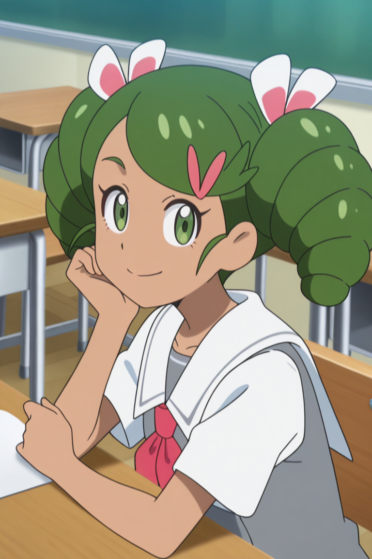 1girl, looking at viewer, smile, classroom, desk, sitting, on chair, upper body, 
 <lora:mallow_scho_magi_1:1> mag3ca gir7l,mall7ow_un7form,green eyes,dark skin,dark-skinned female, green hair,twintails, curly pigtails,hair clips,gray school uniform,sailor collar, red scarf,, masterpiece, high quality, absurdres, best quality, very aesthetic, newest,