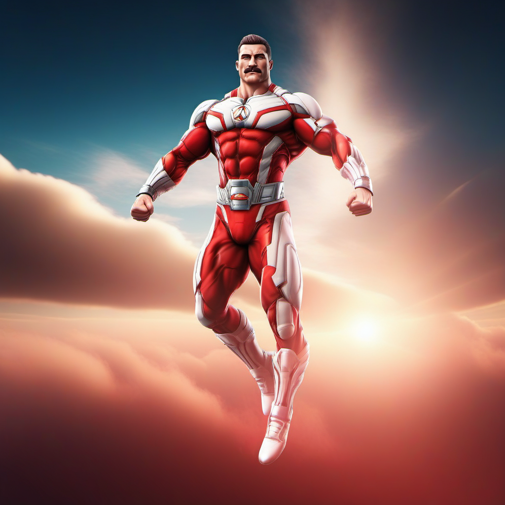 cinematic photo a (((full body portrait)))  muscular man with a moustache in a white and red bodysuit, flying in the sky <lora:Thragg1024:0.8> . 35mm photograph, film, bokeh, professional, 4k, highly detailed