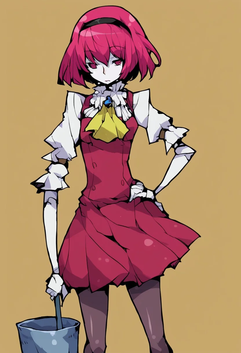 dowman sayman, r dorothy wayneright, the big o, 1girl, android, ascot, bob cut, bucket, dress, frills, hairband, hand on own hip, hip focus, mop, pale skin, pantyhose, pink hair, red hair, short hair, solo