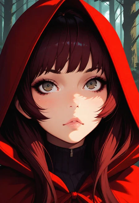 masterpiece, best quality, amazing quality, very aesthetic, (flat colors:1), (Artist:ilya kuvshinov:1), 1 girl, red hood, forest,