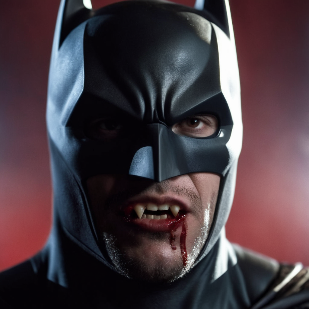cinematic film still of  <lora:vampire fangs teeth 2:1.2>
A batman masked with blood on mouth and Vampire Fangs Teeth staring at camera, shallow depth of field, vignette, highly detailed, high budget, bokeh, cinemascope, moody, epic, gorgeous, film grain, grainy