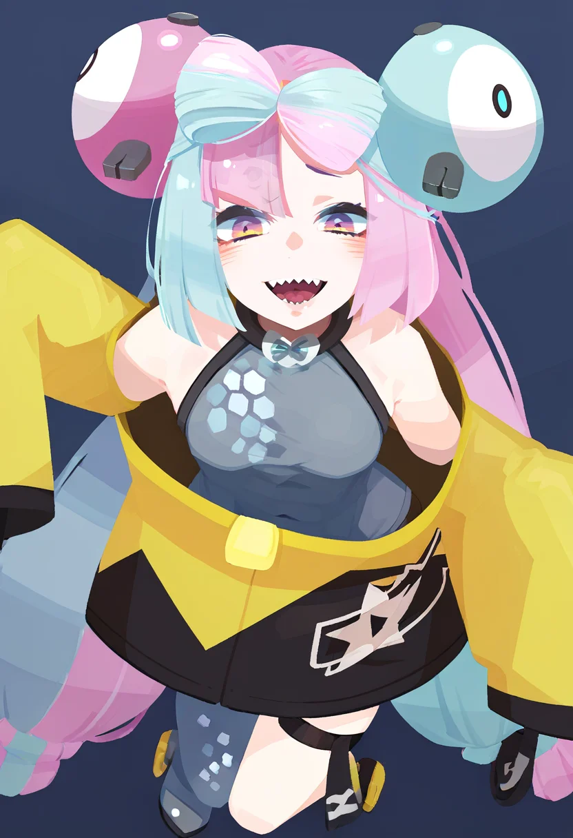 score_9, score_8_up, score_7_up, score_6_up, <lora:HaraID21PXL_P6_lokr_V53P1:0.95> 1girl, iono \(pokemon\), solo, oversized clothes, character hair ornament, yellow jacket, x, sleeves past fingers, bow-shaped hair, very long sleeves, sharp teeth, teeth, jacket, single leg pantyhose, grey pantyhose, hair ornament, long hair, sleeves past wrists, multicolored hair, two-tone hair, split-color hair, looking at viewer, pink hair, low-tied long hair, sleeveless shirt, open mouth, shirt, smile