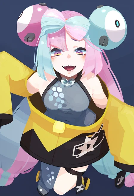 score_9, score_8_up, score_7_up, score_6_up, <lora:HaraID21PXL_P6_lokr_V53P1:0.95> 1girl, iono \(pokemon\), solo, oversized clothes, character hair ornament, yellow jacket, x, sleeves past fingers, bow-shaped hair, very long sleeves, sharp teeth, teeth, jacket, single leg pantyhose, grey pantyhose, hair ornament, long hair, sleeves past wrists, multicolored hair, two-tone hair, split-color hair, looking at viewer, pink hair, low-tied long hair, sleeveless shirt, open mouth, shirt, smile