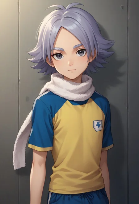 score_9, score_8_up, score_7_up, source_anime, highly detailed,
fubuki, 1boy, male focus, solo, grey hair, grey eyes, sportwear, raimon, raimon soccer uniform, shirt, yellow shirt, short sleeves, raglan sleeves, shorts, blue shorts, upper body, slender, skinny, scarf, white scarf
outdoor,